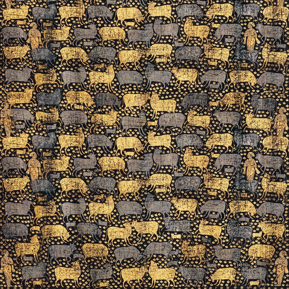 Vintage gold and black cow pattern background, featuring public domain artworks