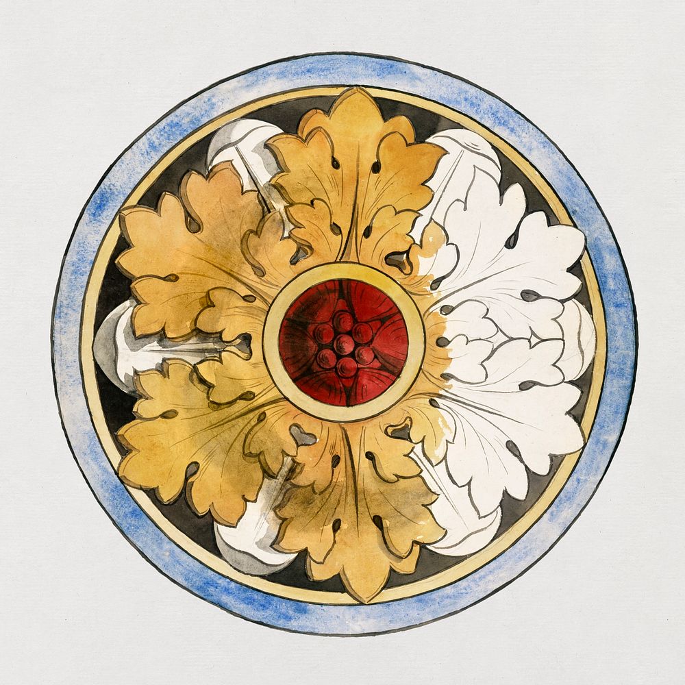 Projet pour un panneau de vitrail: rose &agrave; motif de feuilles d'acanthe: grisaille, jaune d'argent during 19th century…