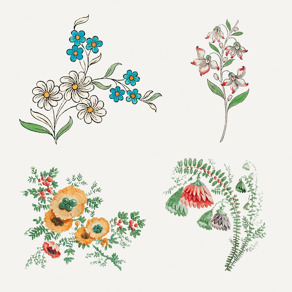 Vintage flower illustration psd set, featuring public domain artworks