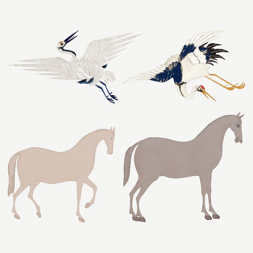 Vintage psd bird embroidery and horse illustration set, featuring public domain artworks