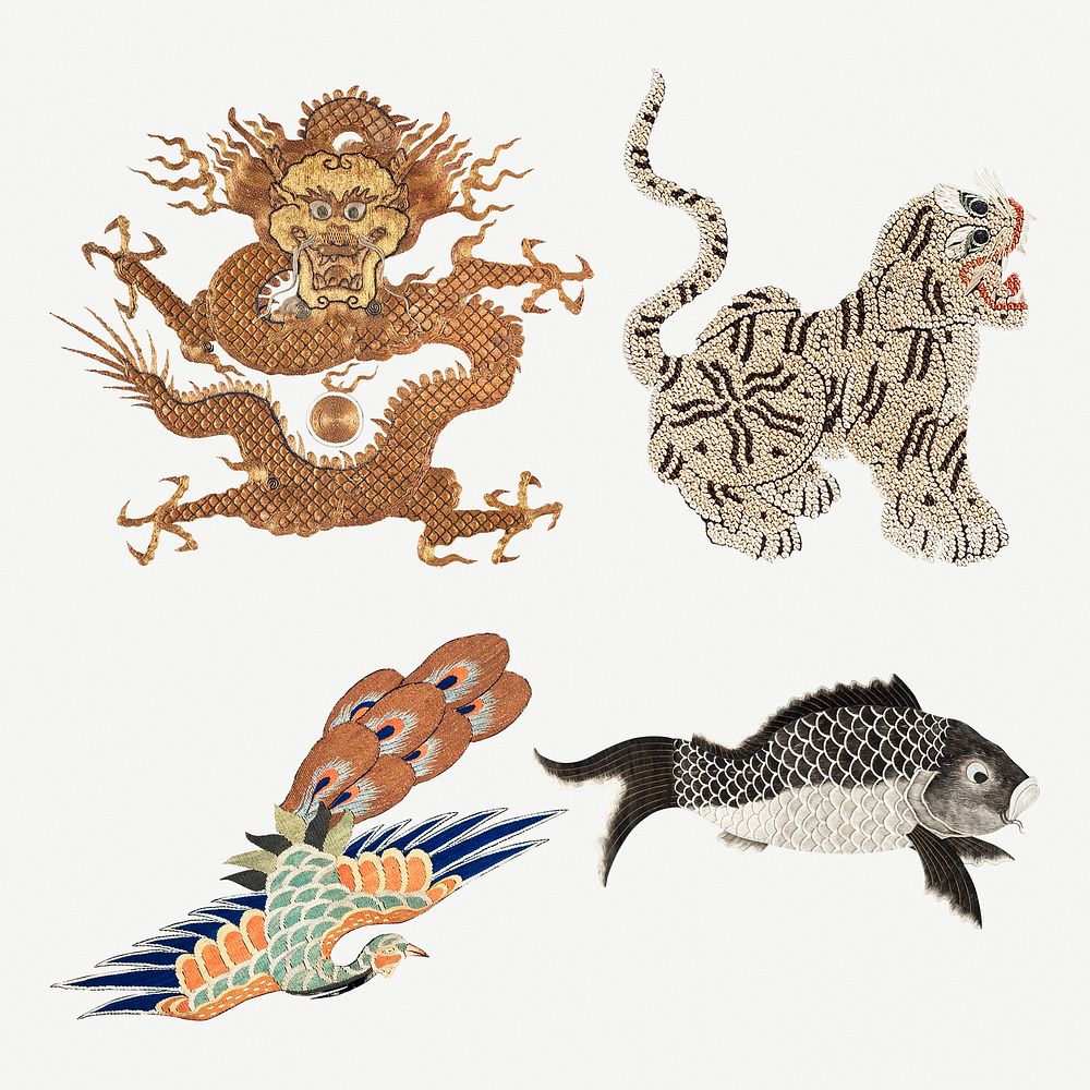 Vintage psd animal embroidery set, featuring public domain artworks