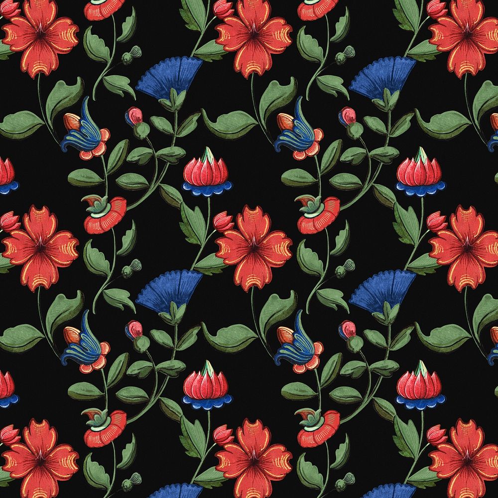 Vintage red and blue floral pattern background, featuring public domain artworks