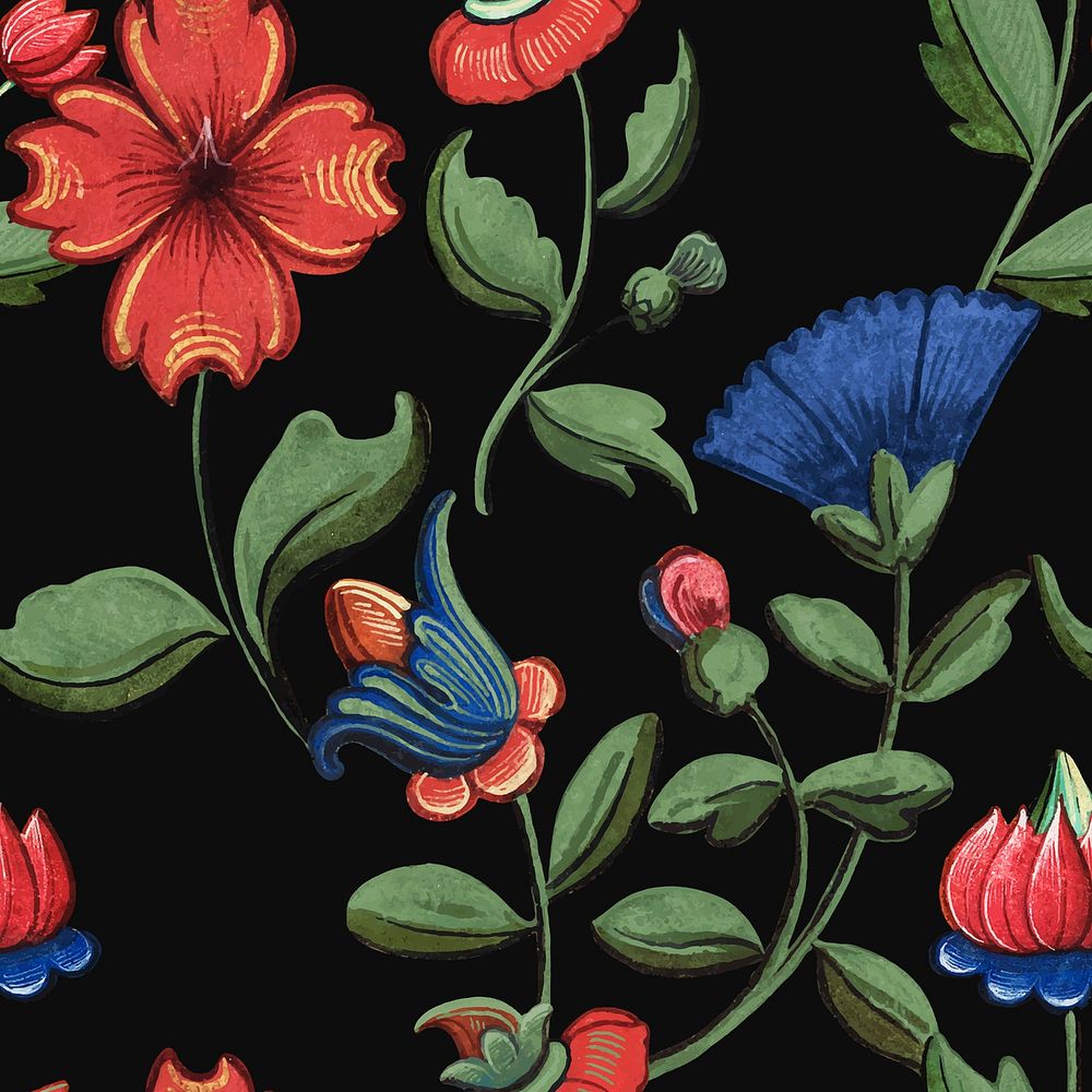 Vintage red and blue floral pattern background vector, featuring public domain artworks