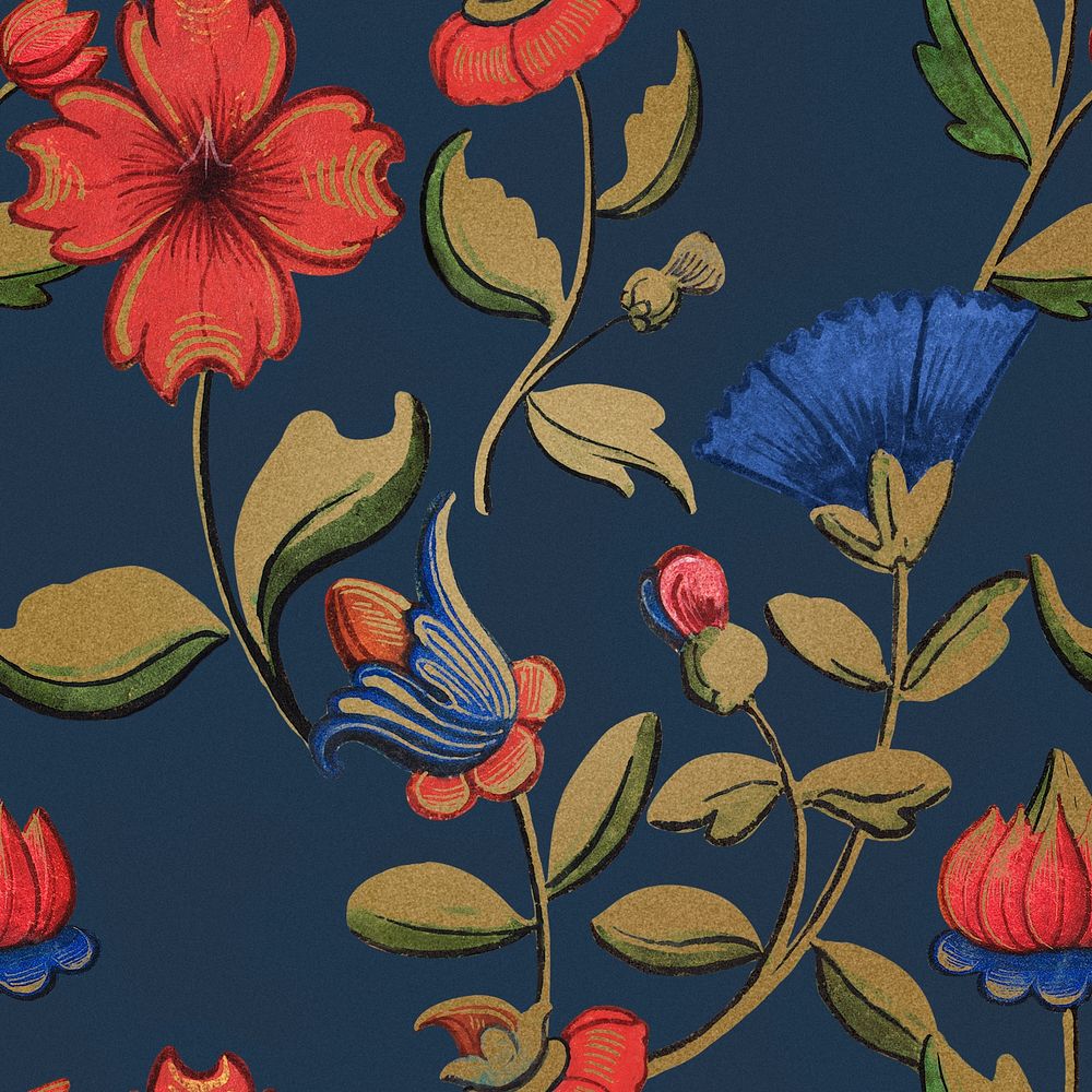 Vintage red and blue floral pattern background psd, featuring public domain artworks