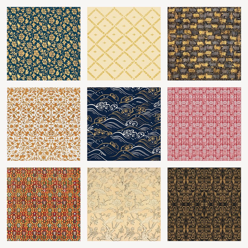 Vintage psd pattern background set, featuring public domain artworks