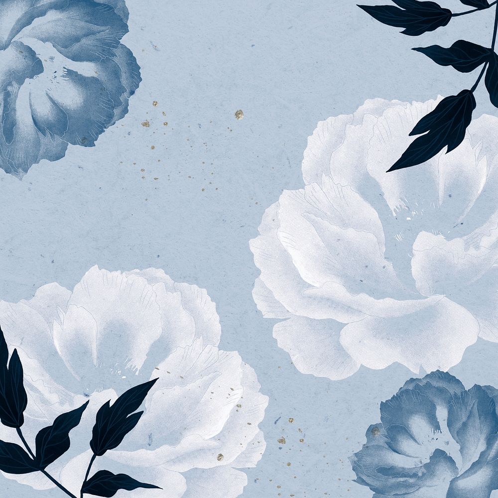 Aesthetic peony flower frame, vintage blue illustration