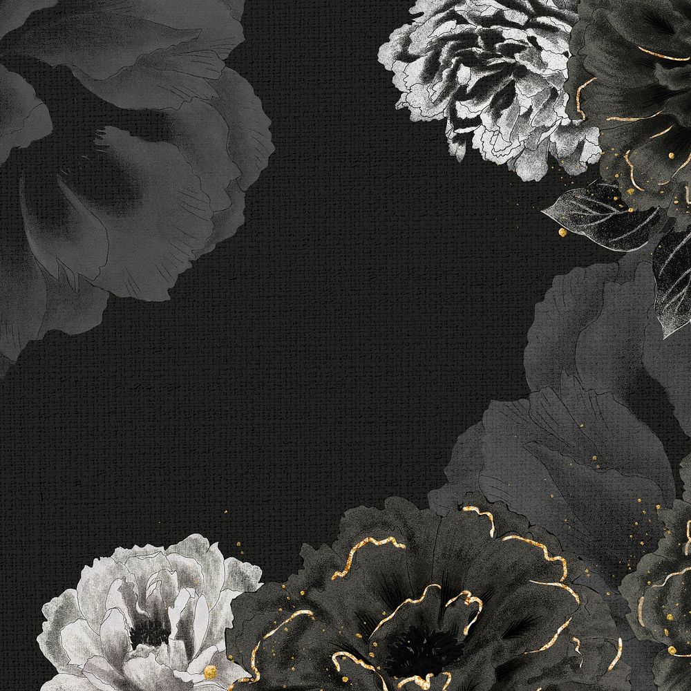 Aesthetic peony flower frame, vintage black illustration