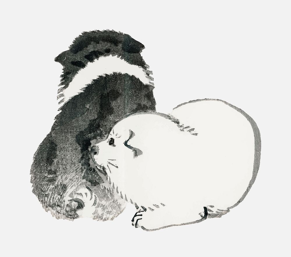 Black and white puppies by Kōno Bairei (1844-1895). Digitally enhanced from our own original 1913 edition of Bairei Gakan.