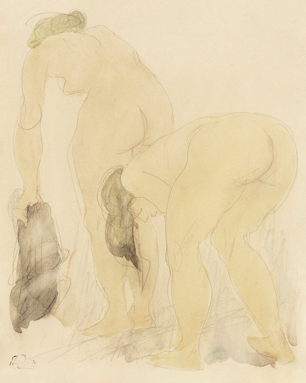 Naked women bending over, vintage nude illustration. Studieblad met twee naakte vrouwen, op de rug gezien (1850&ndash;1917)…