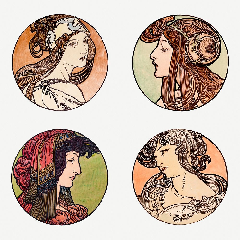 Art nouveau woman illustration psd set, remixed from the artworks of Alphonse Maria Mucha