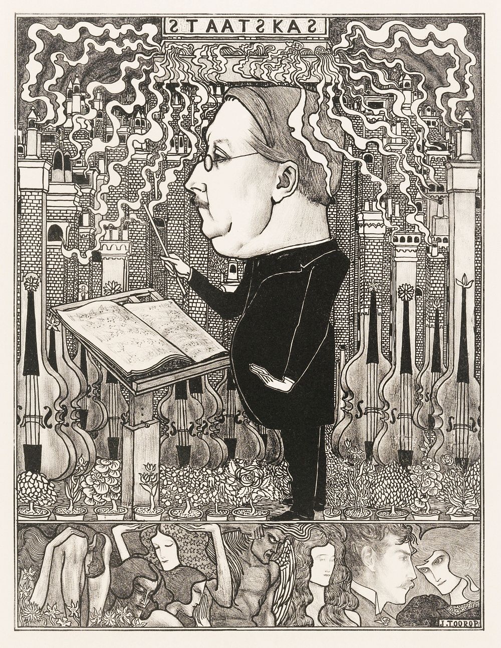 Conductor with violins and smoking chimneys behind (1895) by Jan Toorop. Original from The Rijksmuseum. Digitally enhanced by…