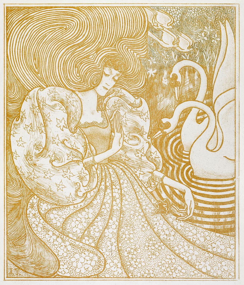 Woman with a Butterfly at a Pond with Two Swans (1894) by Jan Toorop. Original from The Rijksmuseum. Digitally enhanced by…