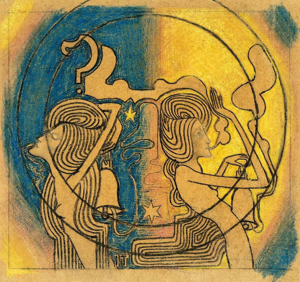 Two stylized female figures with clock in hand (1868) by Jan Toorop. Original from The Rijksmuseum. Digitally enhanced by…