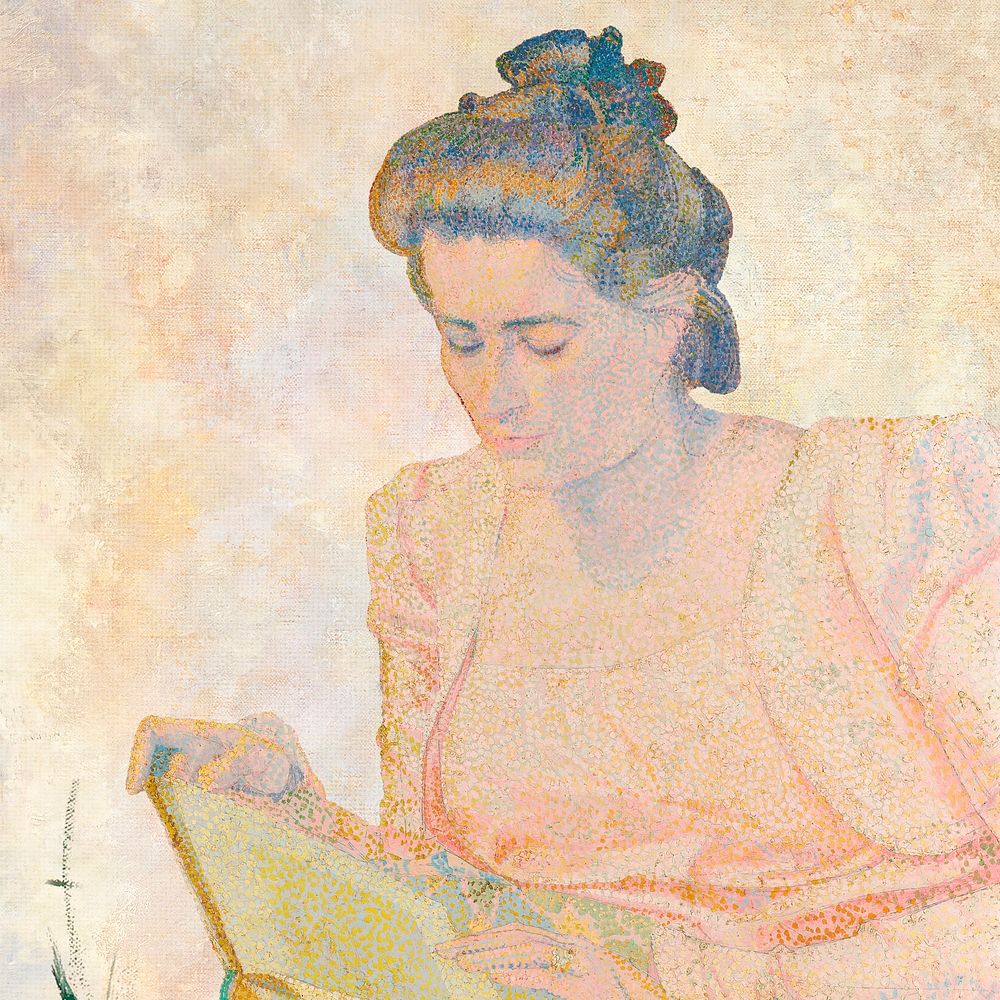 Psd retro woman reading book, remixed from the artworks of Jan Toorop.