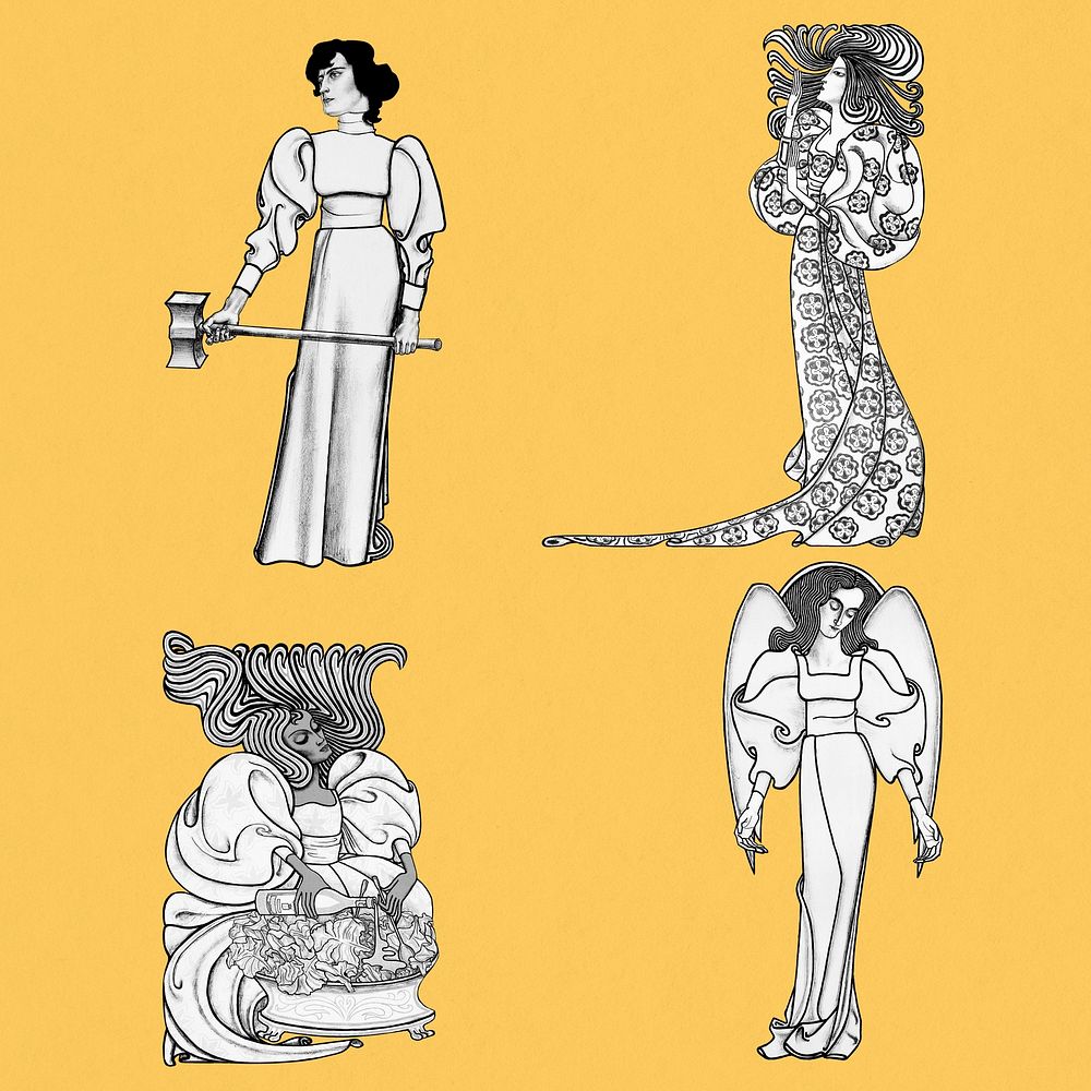 Art nouveau women psd with different activities, remixed from the artworks of Jan Toorop.