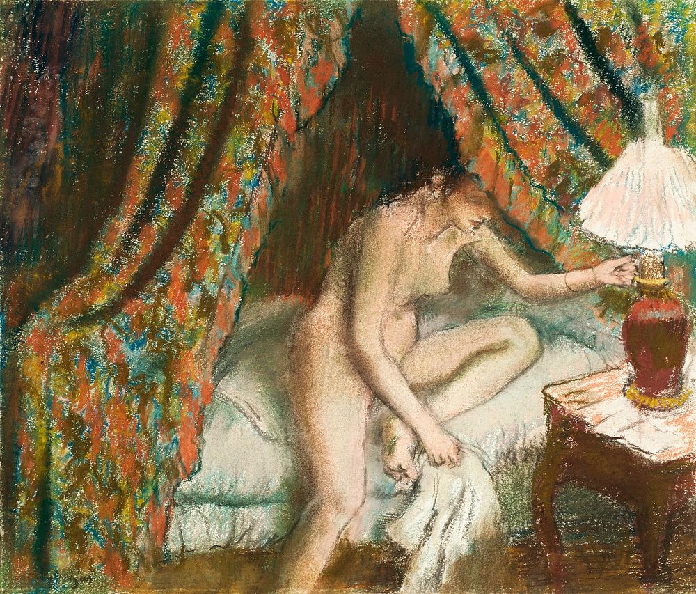 Naked woman in bed. Retiring (1883) painting in high resolution by the famous Edgar Degas. Original from the Art Institute…