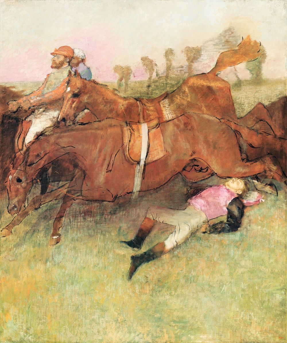 Scene from the Steeplechase: The Fallen Jockey (1886) painting in high resolution by Edgar Degas. Original from The National…