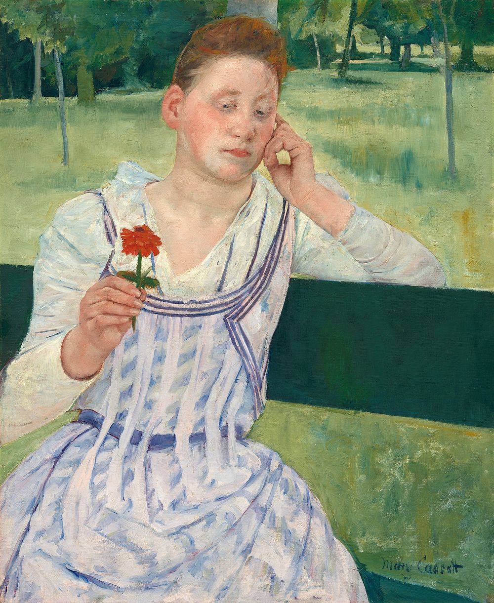 Woman with a Red Zinnia (1891) by Mary Cassatt. Original woman portrait painting from The National Gallery of Art. Digitally…