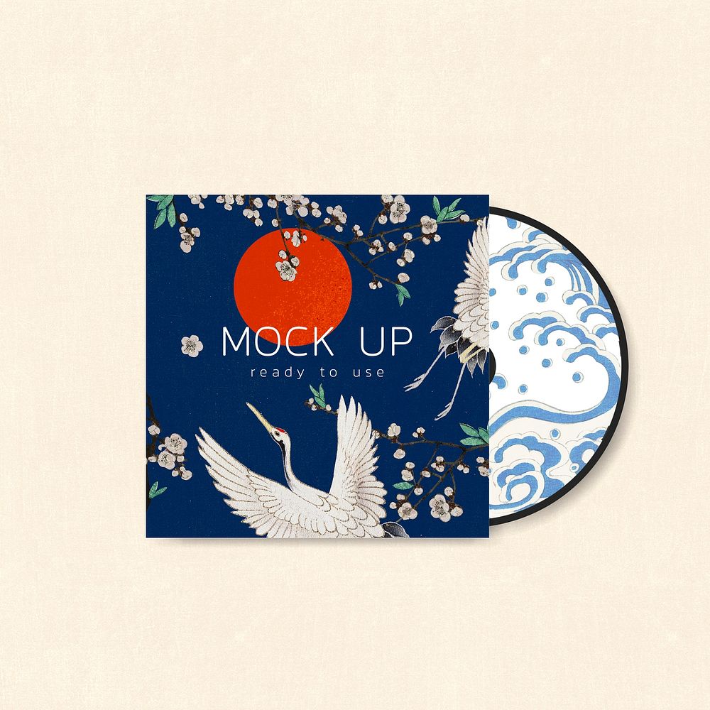 CD cover psd mockup Japanese pattern design, artwork remix from original print by Watanabe Seitei