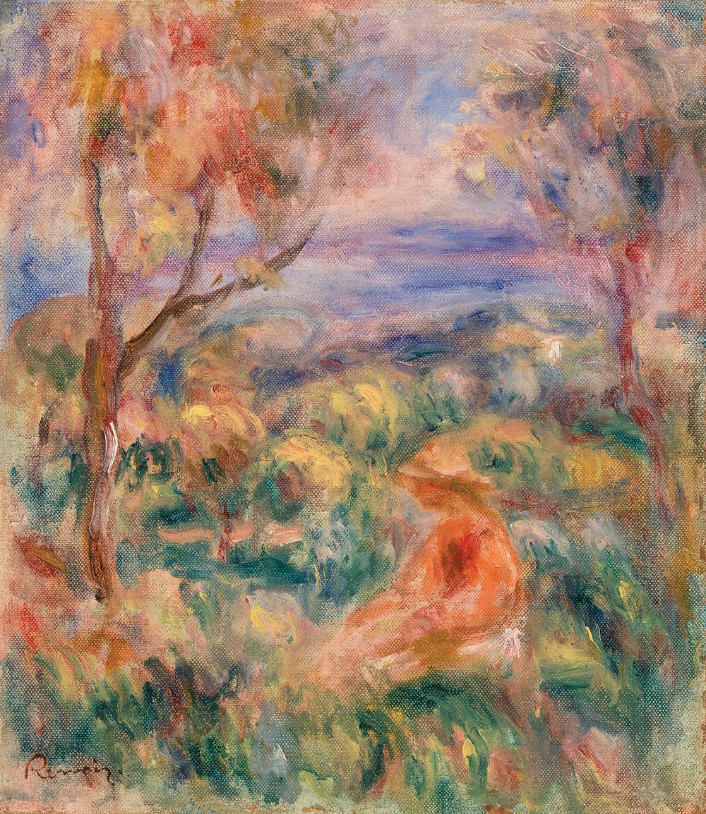 Seated Woman with Sea in the Distance (Femme assise au bord de la mer) (1917) by Pierre-Auguste Renoir. Original from Barnes…