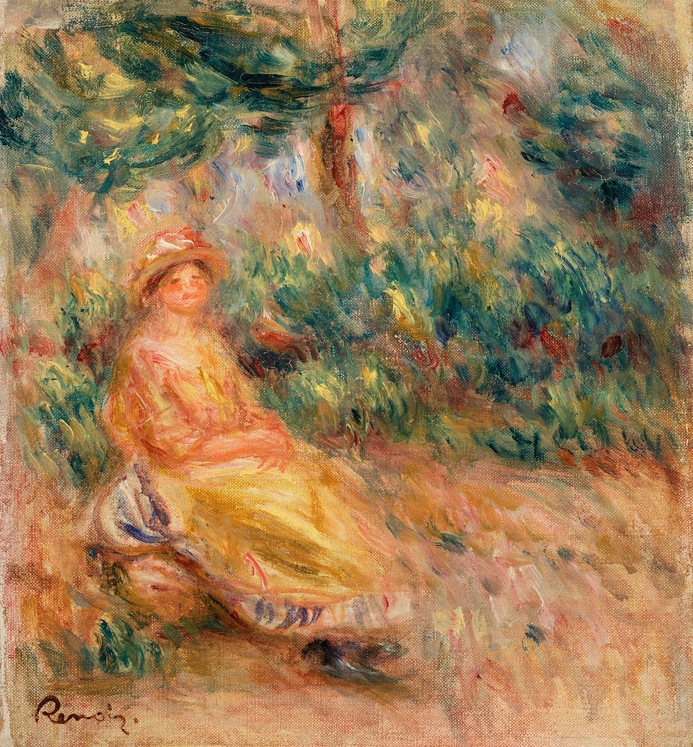 Woman in Pink and Yellow in a Landscape (Femme en rose et jaune dans un paysage) (1917&ndash;1919) by Pierre-Auguste Renoir.…