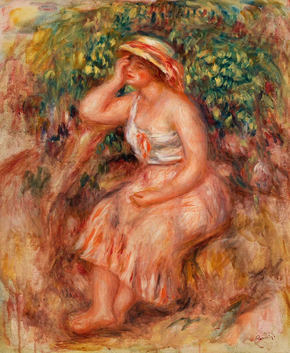 Woman Daydreaming (R&ecirc;veuse) (1913) by Pierre-Auguste Renoir. Original from Barnes Foundation. Digitally enhanced by…