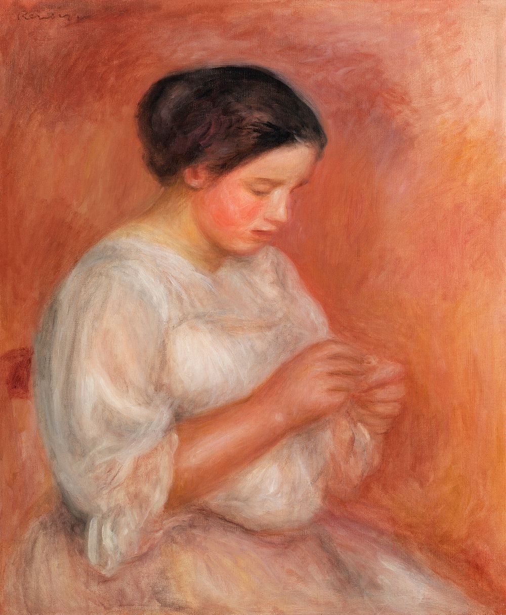 Woman Sewing (1908) by Pierre-Auguste Renoir. Original from Barnes Foundation. Digitally enhanced by rawpixel.