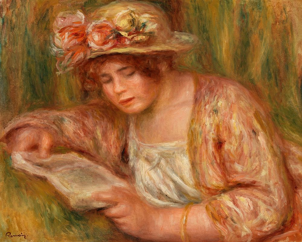 Andr&eacute;e in a Hat, Reading (Andr&eacute;e en chapeau, lisant) (1918) by Pierre-Auguste Renoir. Original from Barnes…