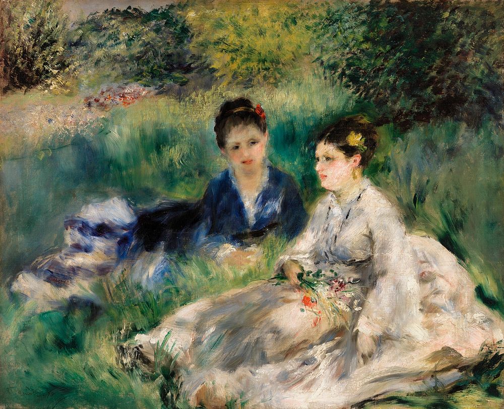 On the Grass (Jeunes femmes assises dans l'herbe) (1873) by Pierre-Auguste Renoir. Original from Barnes Foundation.…
