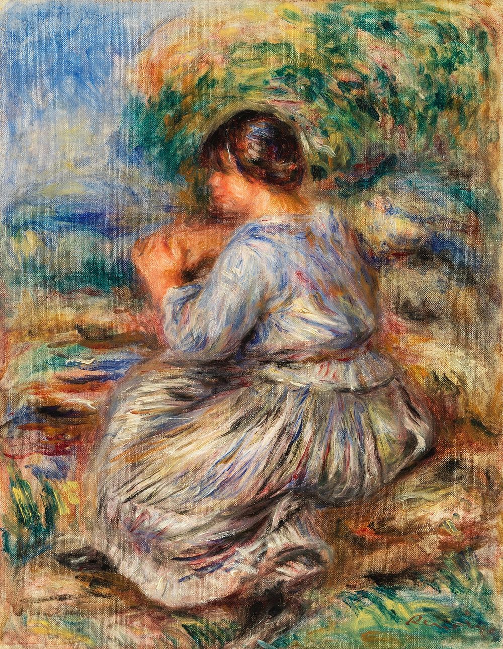 Girl Seated in a Landscape (Jeune fille assise dans un jardin) (1914) by Pierre-Auguste Renoir. Original from Barnes…