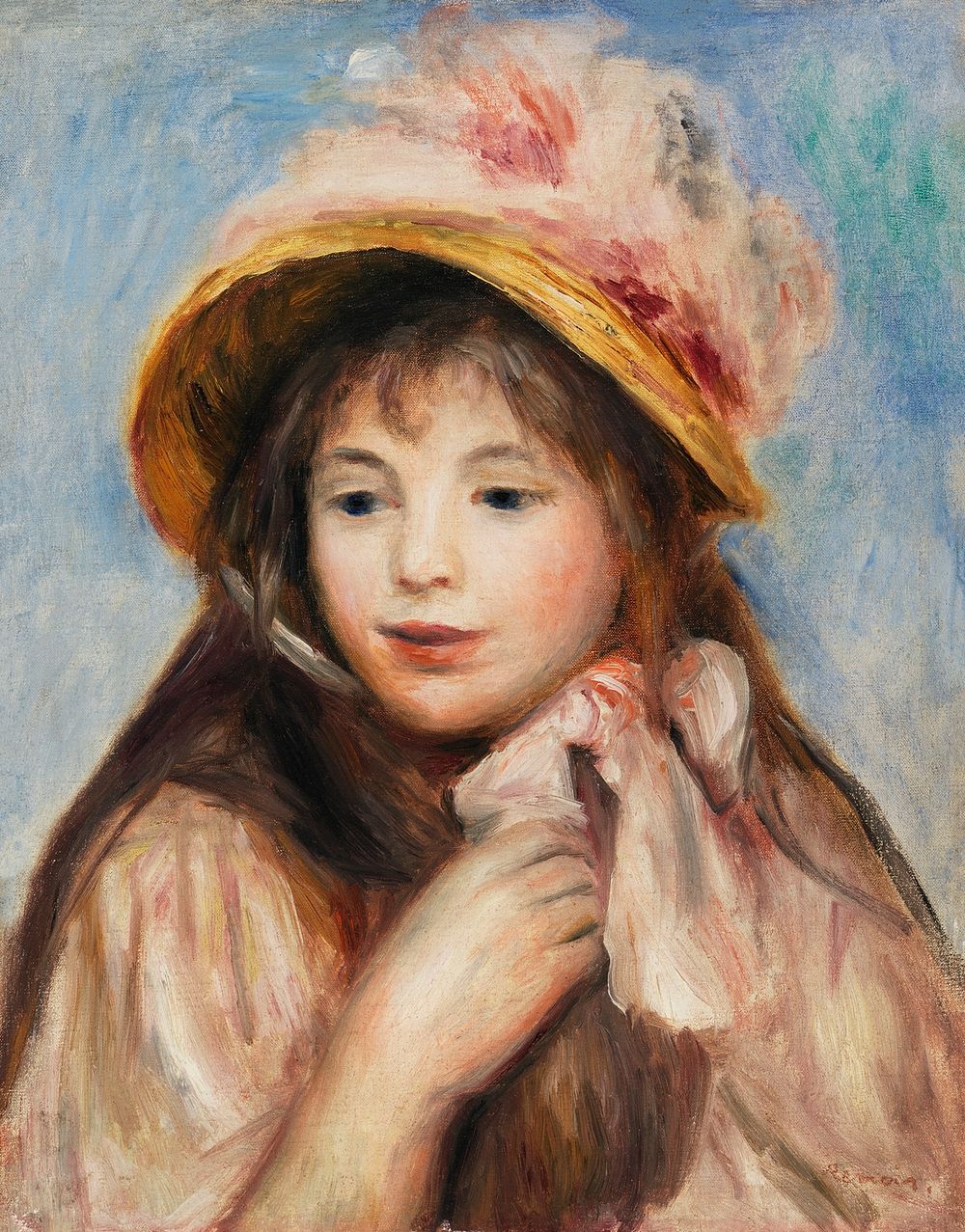 Girl with Pink Bonnet (Jeune fille au chapeau rose) (1894) by Pierre-Auguste Renoir. Original from Barnes Foundation.…