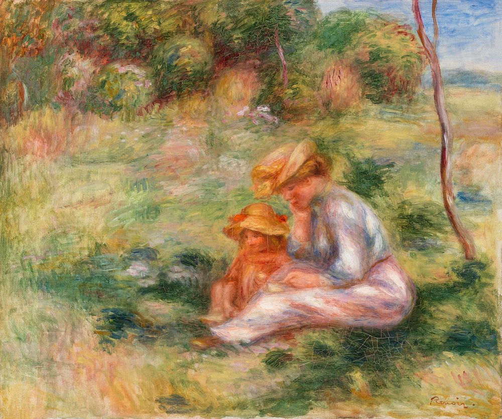 Woman and Child in the Grass (Femme avec enfant sur l'herbe) (1898) by Pierre-Auguste Renoir. Original from Barnes…