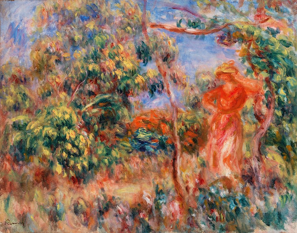 Woman in Red in a Landscape (Femme en rouge dans un paysage) (1917) by Pierre-Auguste Renoir. Original from Barnes…