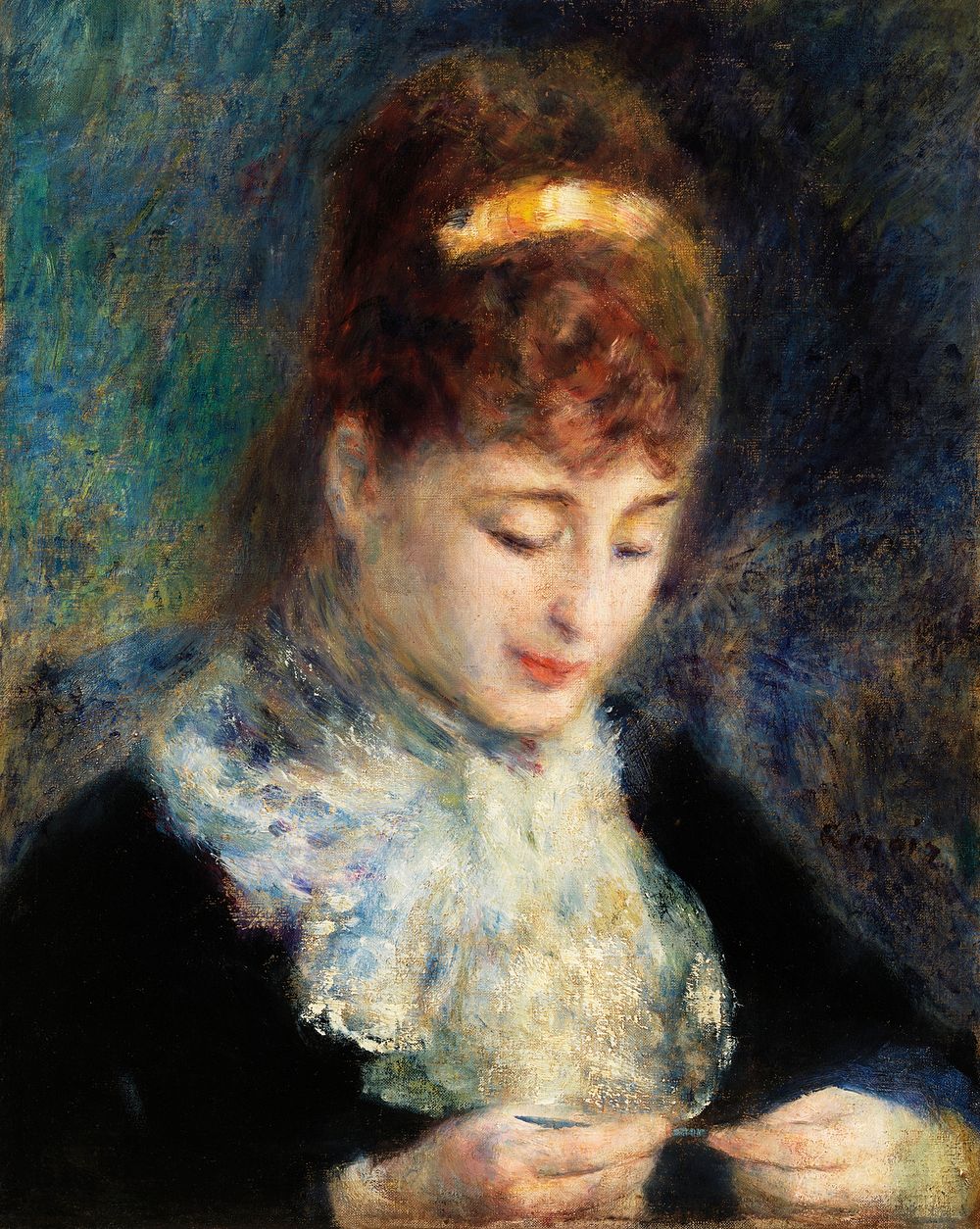 Woman Crocheting (Femme faisant du crochet) (1877) by Pierre-Auguste Renoir. Original from Barnes Foundation. Digitally…