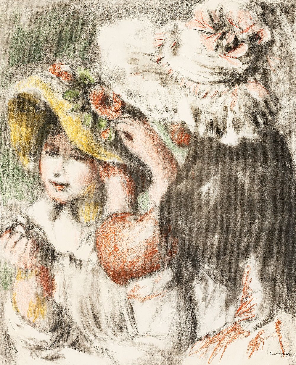 Pinning the Hat (1898)  by Pierre-Auguste Renoir. Original from The Art Institute of Chicago. Digitally enhanced by rawpixel.