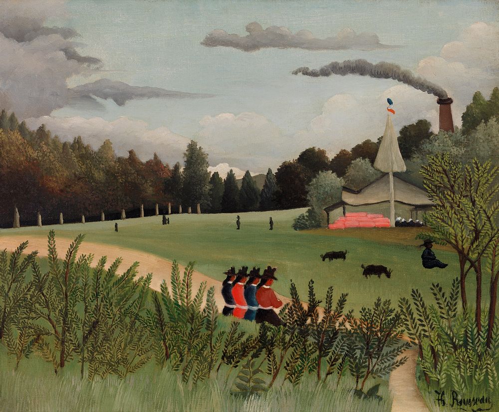 Landscape and Four Young Girls (Paysage et quatre jeunes filles) (ca. 1895) by Henri Rousseau. Original from Barnes…