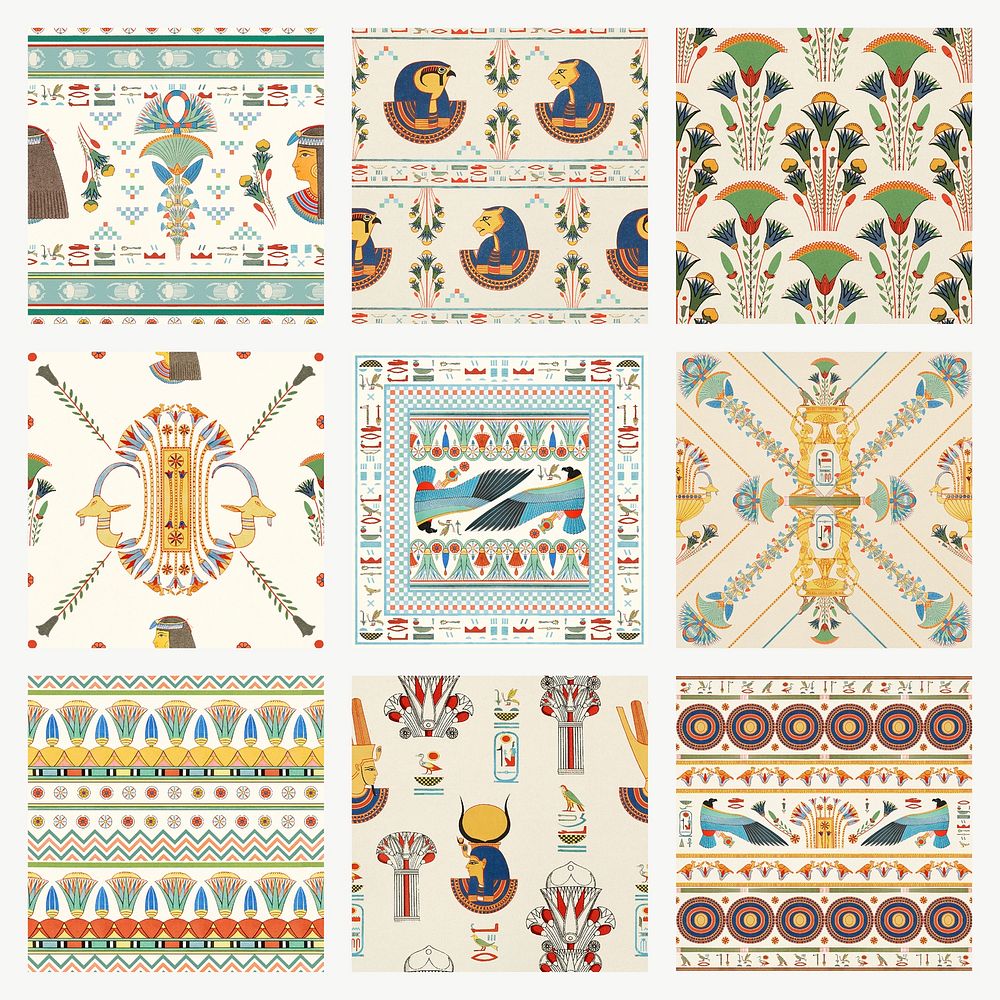Egyptian ornamental seamless pattern psd background set