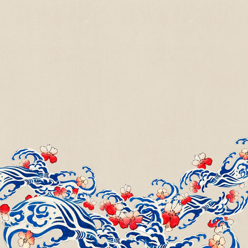 Japanese wave with sakura border , remix of artwork by Watanabe Seitei