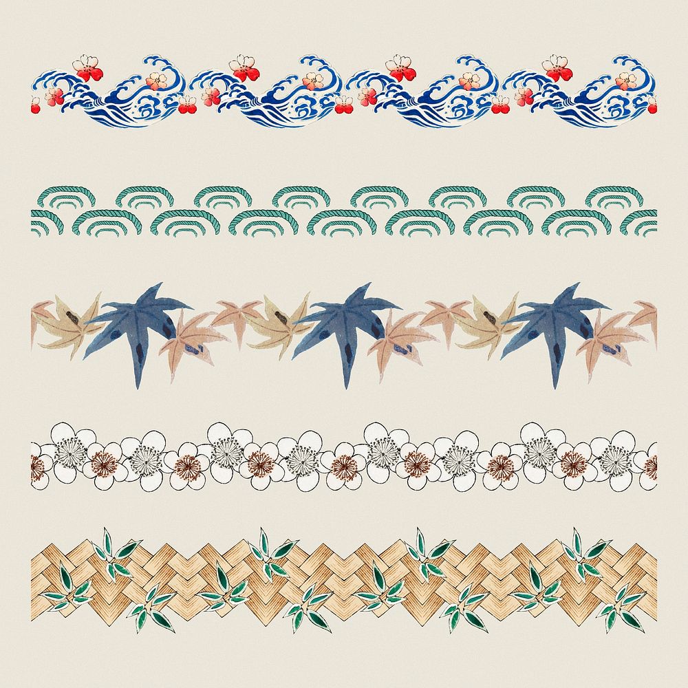 Japanese nature pattern brush vector set, artwork remix from original print by Watanabe Seitei