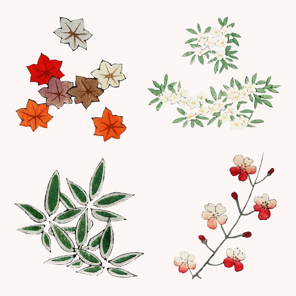 Japanese floral ornamental element psd set, remix of artwork by Watanabe Seitei