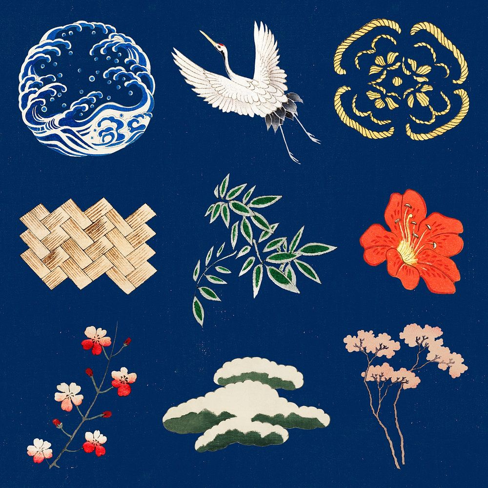 Japanese kamon ornamental element psd set, artwork remix from original print by Watanabe Seitei