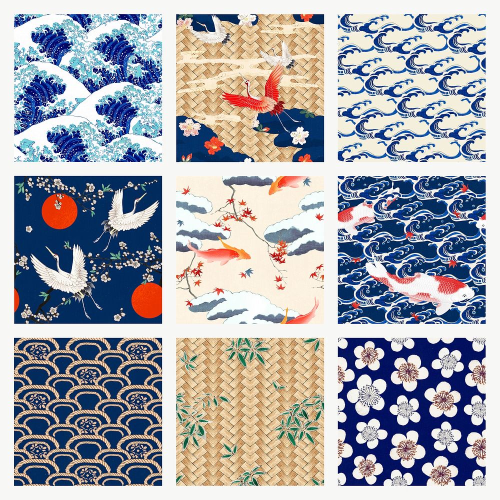Vintage Japanese psd pattern background set, remix of artwork by Watanabe Seitei and Katsushika Hokusai