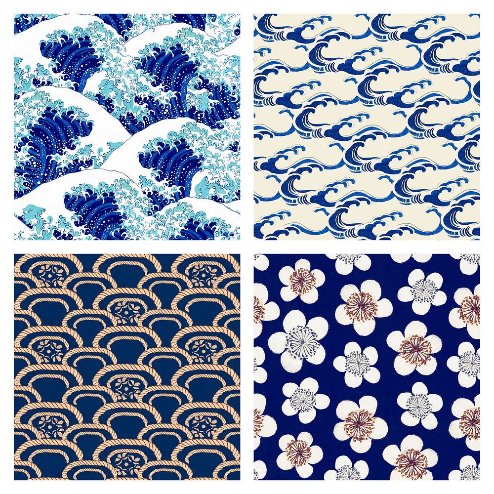 Vintage Japanese pattern background vector set, remix of artwork by Watanabe Seitei and Katsushika Hokusai