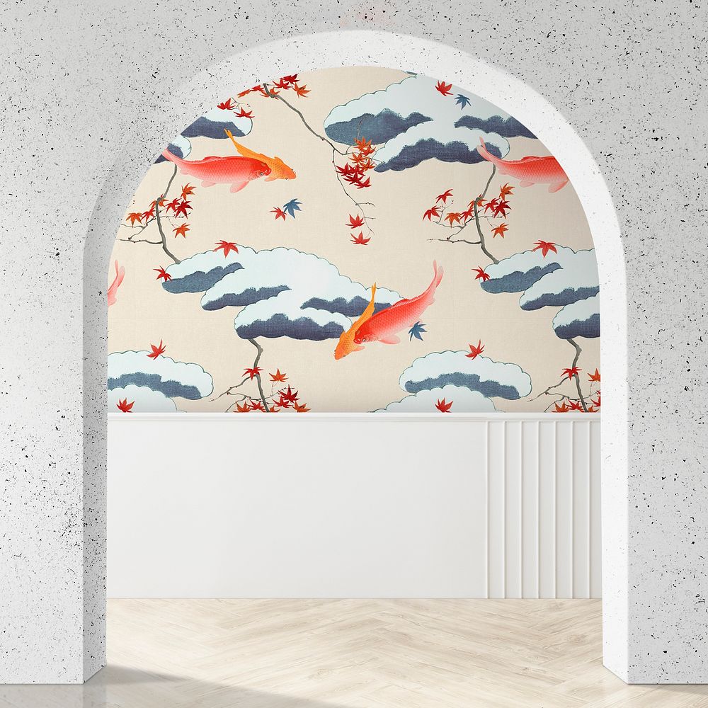 Curtain psd mockup with Japanese pattern design, remix of artwork by Watanabe Seitei
