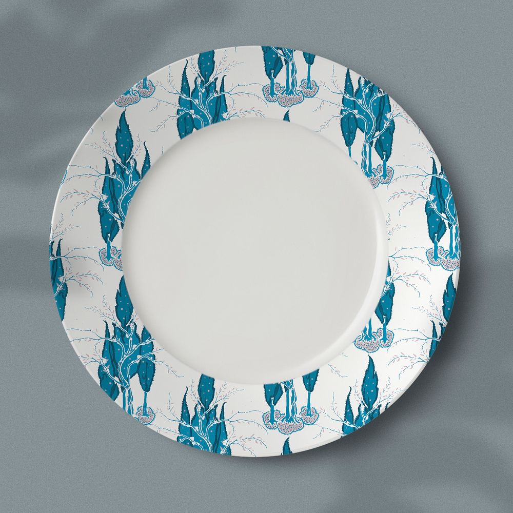 Vintage white porcelain plate psd mockup with Art Nouveau pattern 