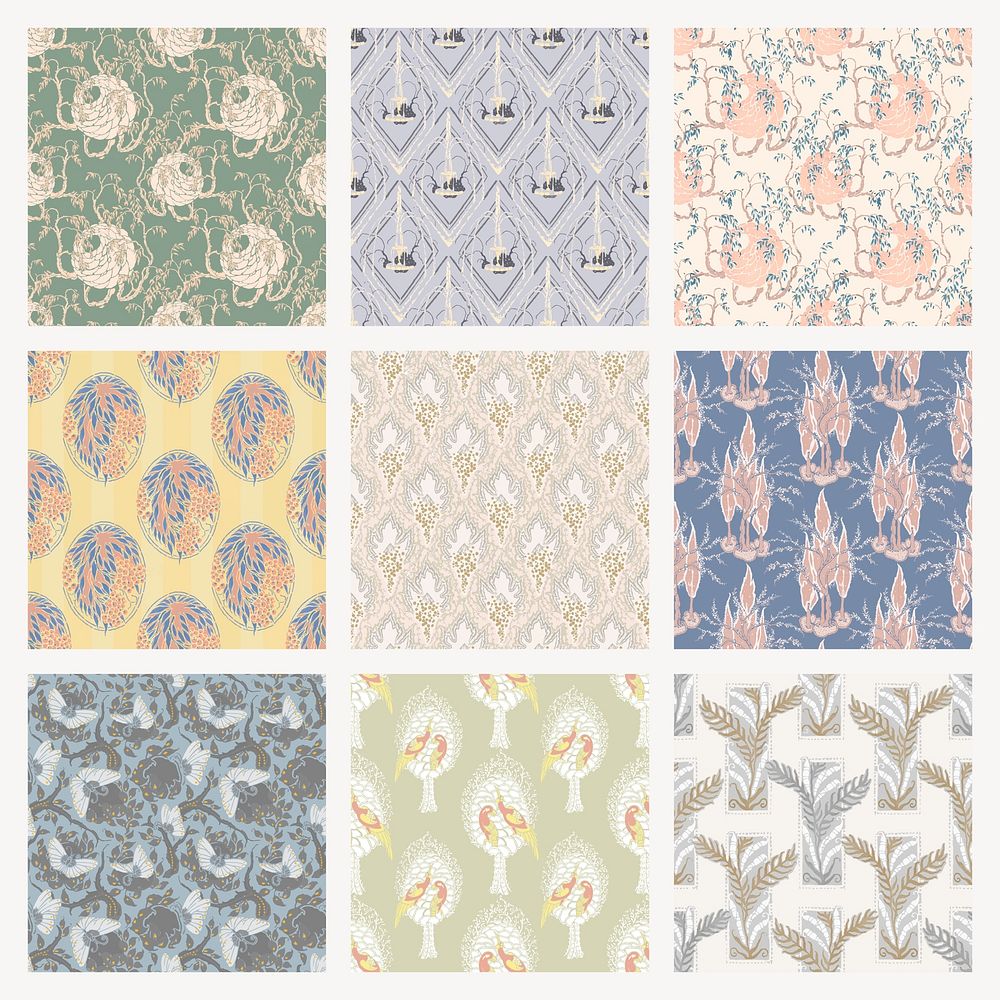 Pastel botanical pattern, aesthetic Art Nouveau background in oriental style vector set 