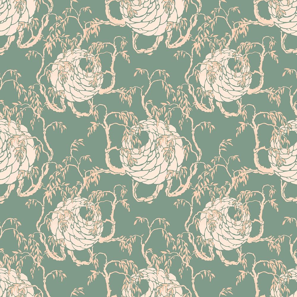 Pastel botanical pattern, green aesthetic Art Nouveau background in oriental style vector