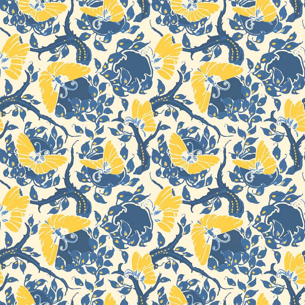 Butterfly pattern, aesthetic Art Nouveau background in oriental style vector