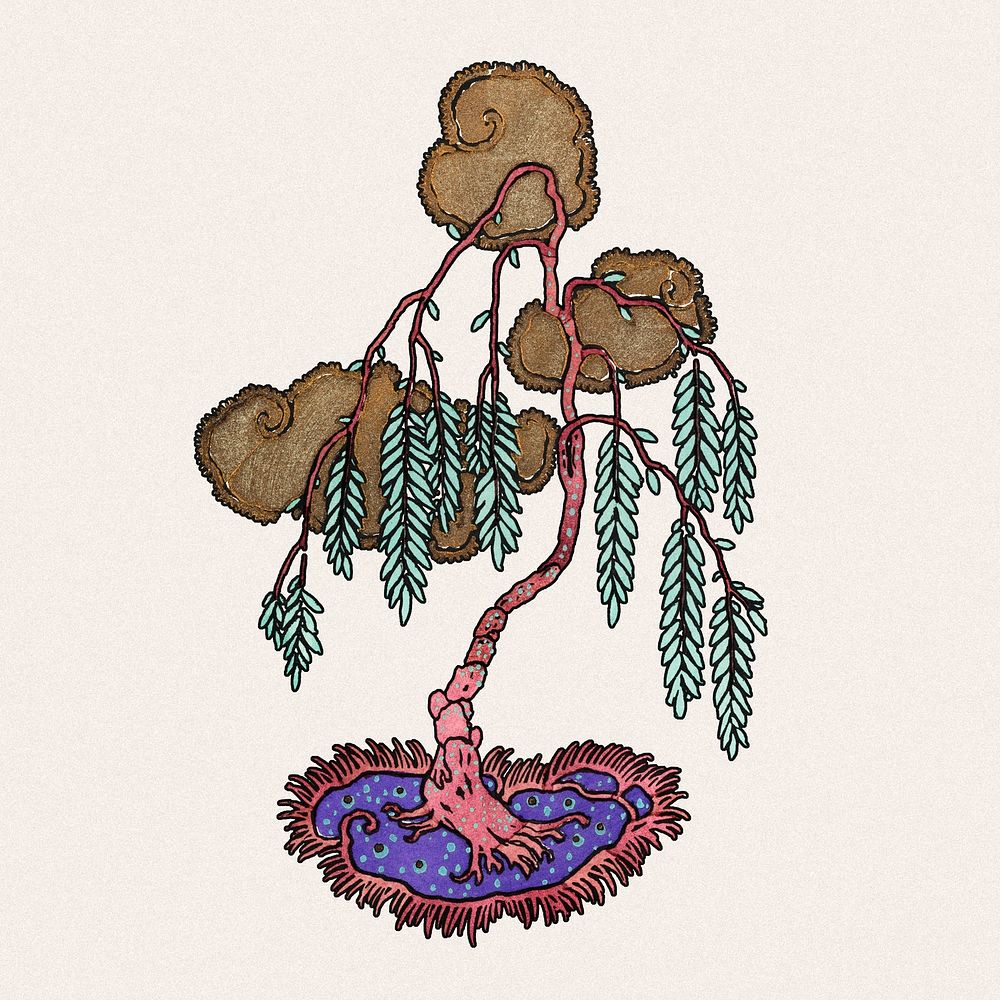 Tree botanical collage element illustration sticker in stencil print style psd