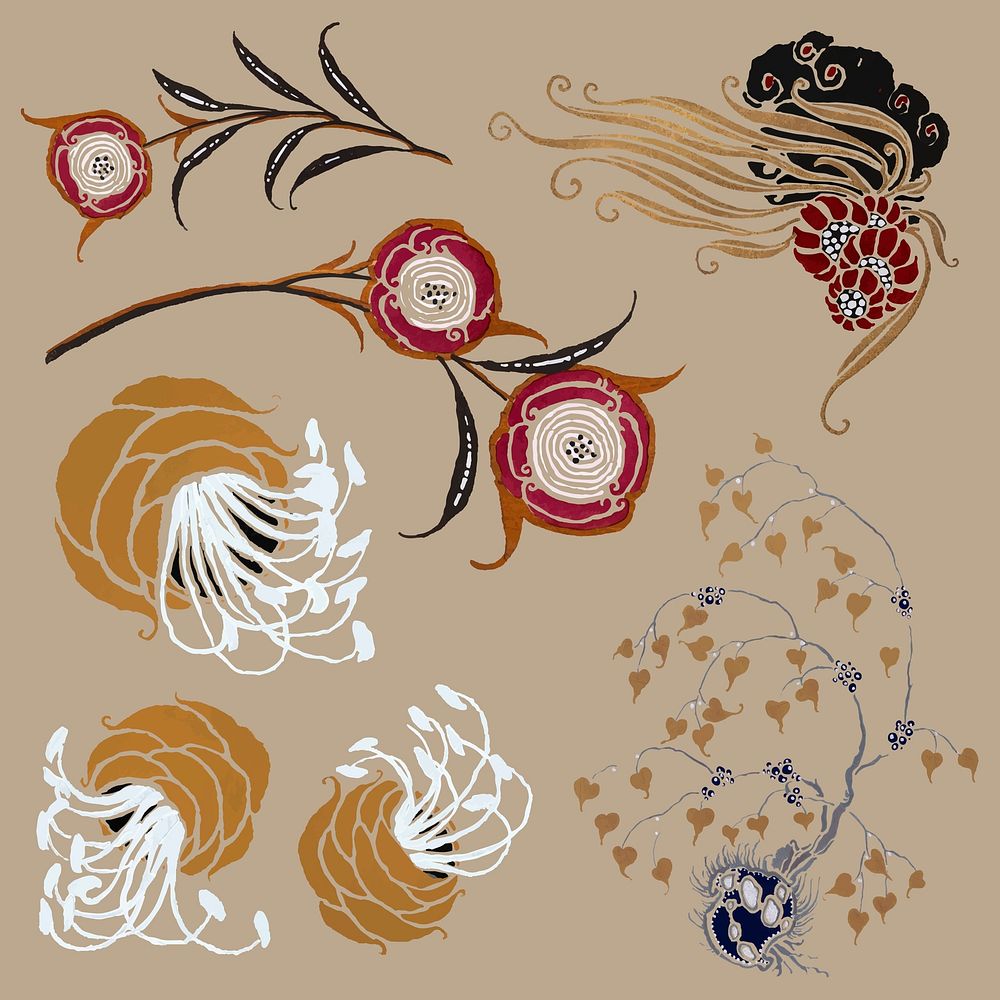 Flower collage element illustration sticker in stencil print style vector set